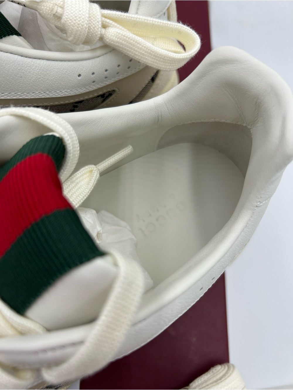 Women's Gucci Cream and Beige GG Canvas Low-Top Sneakers with Red-Green Web 39.5 - Picture 7 of 11